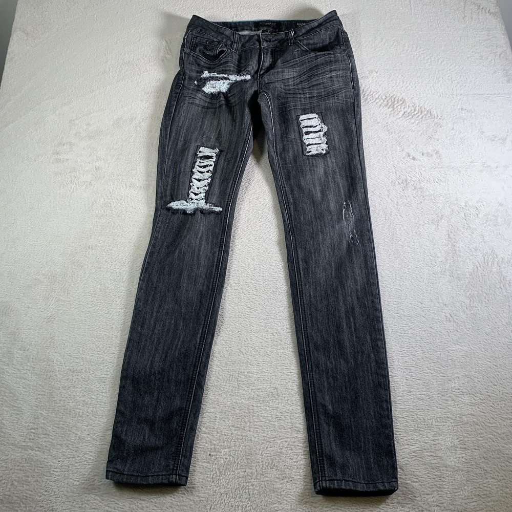 Rocawear Hannah Skinny Jeans Juniors 7 Gray Low Rise Distressed Studded Stretch